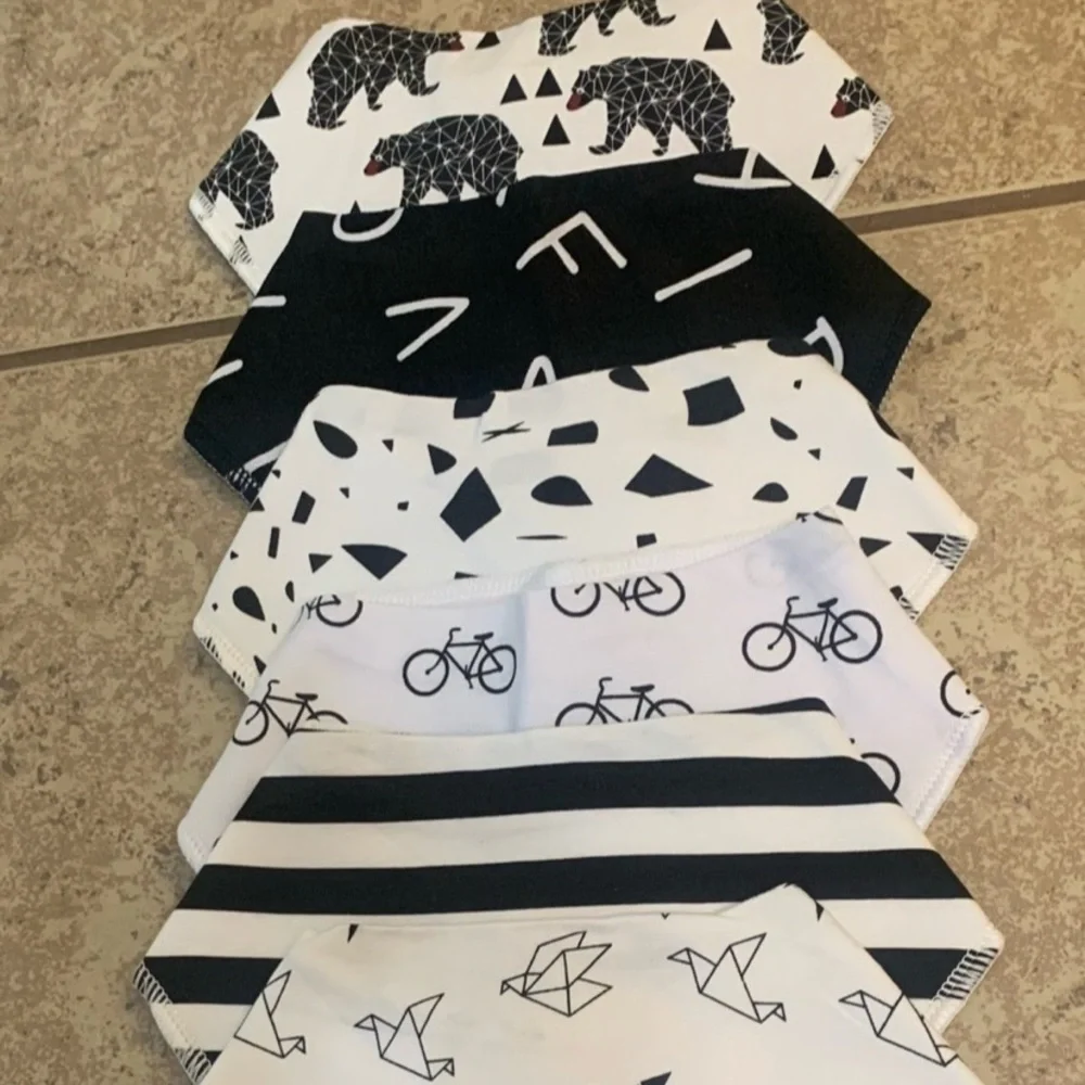 Set of Black and White Baby Bandana Bibs with Various Patterns